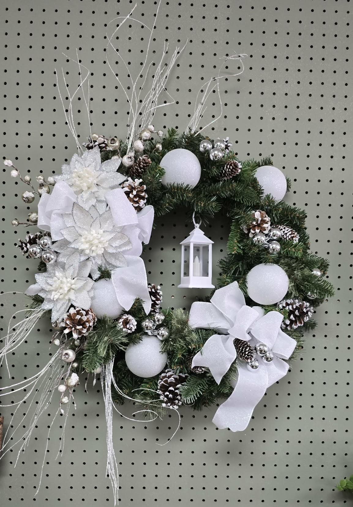 White Glitter Wreath Pinecones With White Lantern